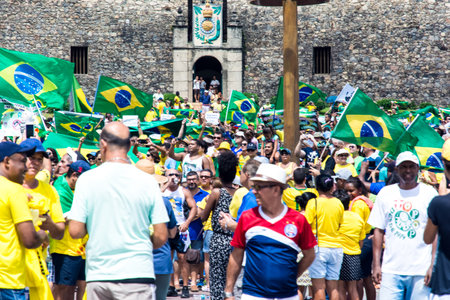 Salvador, Bahia, Brazil - March 13, 2016: Brazilians protesting against the government of President Dilma Rousseff, Brazil, at Farol da Barra.のeditorial素材