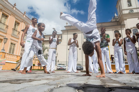 Nazare das Farinhas, Bahia, Brazil - March 23, 2016: Group of people playing capoeira in a city square in Nazare das Farinhas, Brazil.のeditorial素材