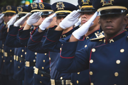Salvador, Bahia, Brazil - September 7, 2016: Military personnel in formation during a military parade commemorating the independence of Brazil in the city of Salvador, Bahia.のeditorial素材