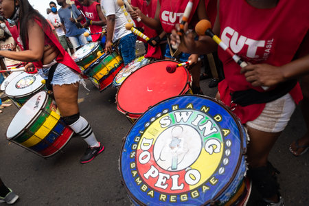 Salvador, Bahia, Brazil - November 20, 2021: Brazilian musicians protest playing percussion...