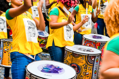 Salvador, Bahia, Brazil - June 22, 2018: Members of percussion band Dida are seen during performance...