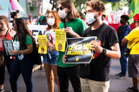 Salvador, Bahia, Brazil - April 09, 2022: Brazilians protesting against far-right presidential...