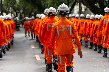Salvador, Bahia, Brazil - September 07, 2022: Soldiers of the Bahia Fire Department parading on Brazilian Independence Day through the streets of downtown Salvador, Brazil.のeditorial素材