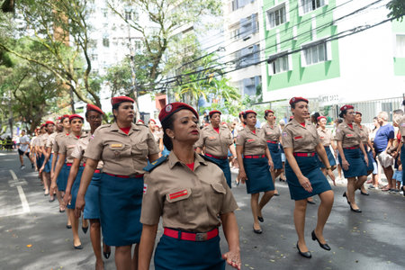 Salvador, Bahia, Brazil - September 07, 2022: Female soldiers of the Bahia Military Police parading on Brazilian Independence Day through the streets of downtown Salvador, Brazil.のeditorial素材