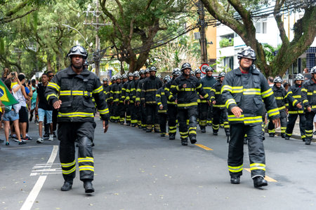 Salvador, Bahia, Brazil - September 07, 2022: Soldiers of the Bahia Fire Department parading on Brazilian Independence Day through the streets of downtown Salvador, Brazil.のeditorial素材