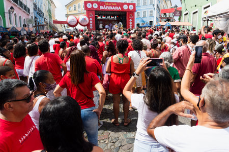 Salvador, Bahia, Brazil - December 04, 2022: Devotees of Santa Barbara attending Mass at Largo do...