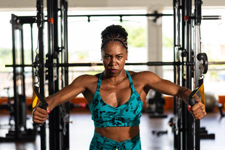 Muscular woman doing arm exercises on a machine at the gym. Determination and focus.