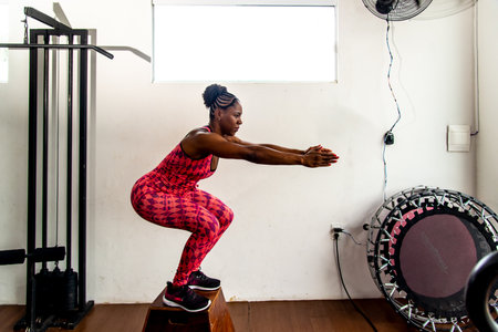 Determined woman doing squat exercises with arms out in front. Body strengthening.の写真素材