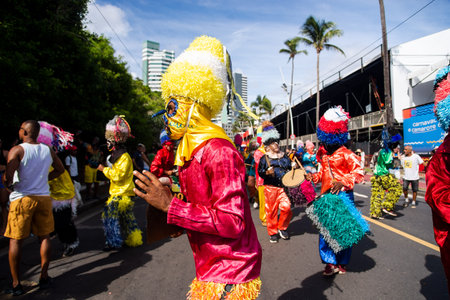 Salvador, Bahia, Brazil - February 11, 2023: Traditional group Zabiaponga performs during the pre-Carnival Fuzue parade in the city of Salvador.のeditorial素材