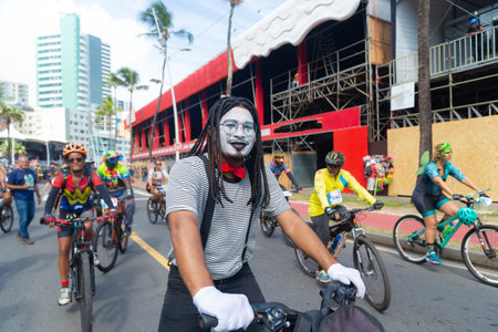 Salvador, Bahia, Brazil - February 11, 2023: Custom cyclists parade during the pre-Carnival Fuzue presentation in the city of Salvador, Bahia.のeditorial素材