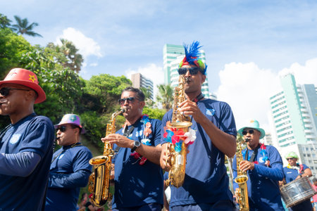 Salvador, Bahia, Brazil - February 11, 2023: Musicians from the municipal guard are seen during a performance at the pre-carnival Fuzue in the city of Salvador.のeditorial素材