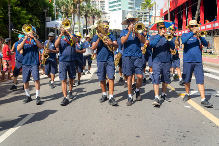 Salvador, Bahia, Brazil - February 11, 2023: Musicians from the municipal guard are seen during a performance at the pre-carnival Fuzue in the city of Salvador.のeditorial素材