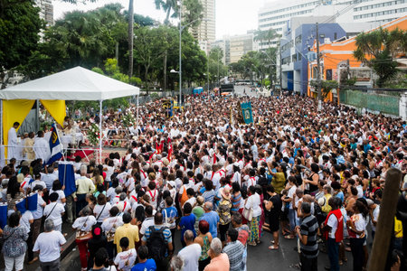 Salvador, Bahia, Brazil - May 26, 2016: Crowd of Catholics participate in the Corpus Christi outdoor mass in Salvador, Bahia.のeditorial素材