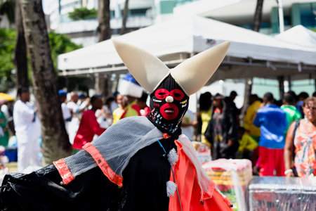Salvador, Bahia, Brazil - February 11, 2023: Custom people are seen during the pre-Carnival Fuzue parade in Salvador, Bahia.のeditorial素材