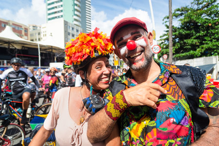 Salvador, Bahia, Brazil - February 11, 2023: Circus performers are seen during the pre-Carnival Fuzue parade in the city of Salvador, Bahia.のeditorial素材