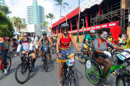 Salvador, Bahia, Brazil - February 11, 2023: Custom cyclists parade during the pre-Carnival Fuzue presentation in the city of Salvador, Bahia.のeditorial素材