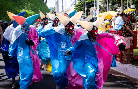 Salvador, Bahia, Brazil - February 11, 2023: Group of costumed people run during the Fuzue parade in Salvador, Bahia.のeditorial素材