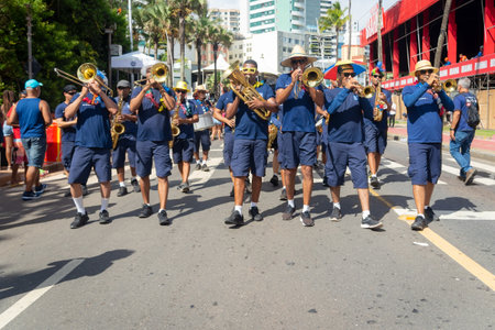 Salvador, Bahia, Brazil - February 11, 2023: Musicians from the municipal guard are seen during a performance at the pre-carnival Fuzue in the city of Salvador.のeditorial素材