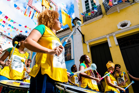 Salvador, Bahia, Brazil - June 22, 2018: Members of the percussion band Dida are seen during a...