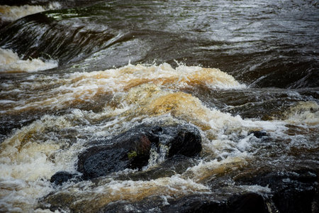 River water flowing over dark rocks. Rural area of the city of ValenÃ§a, Bahia.の写真素材