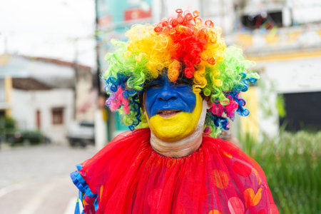 Maragogipe, Bahia, Brazil - February 20, 2023: A person dressed as a clown is seen during the carnival in the city of Maragogipe. Bahia Brazil.のeditorial素材