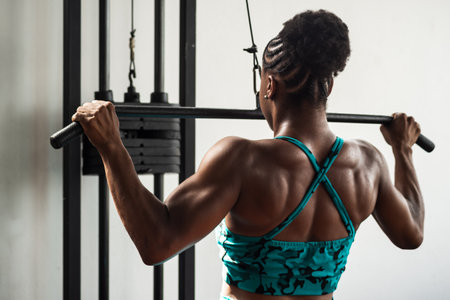 Portrait of muscular woman doing pull-up exercises for back muscles. Health concept.