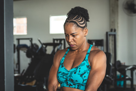 Muscular woman working out in a gym. Fitness exercise in the studio.の写真素材