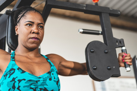 Woman sitting on machine doing arm exercises. Fitness in the studio.