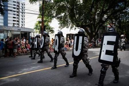 Salvador, Bahia, Brazil - September 07, 2016: Riot troops are seen parading on Brazilian independence day. Salvador, Bahia.のeditorial素材