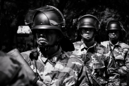 Salvador, Bahia, Brazil - September 07, 2016: Riot troops are seen parading on Brazilian independence day. Salvador, Bahia.のeditorial素材