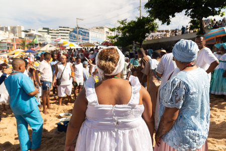 Salvador, Bahia, Brazil - February 02, 2023: Candomble members are seen paying homage to Yemanja...