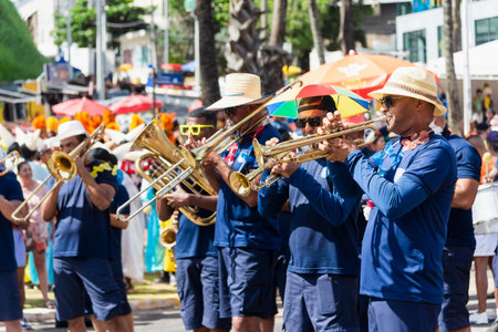 Salvador, Bahia, Brazil - February 11, 2023: Musicians from the municipal guard are seen during a performance at the pre-carnival Fuzue in the city of Salvador.のeditorial素材
