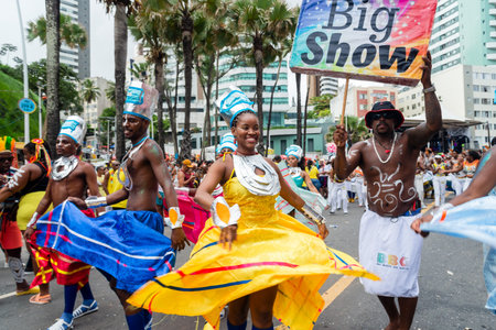 Salvador, Bahia, Brazil - February 11, 2023: African cultural group is seen parading in Fuzue, carnival in the city of Salvador, Bahia.のeditorial素材