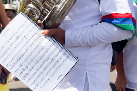 Salvador, Bahia, Brazil - February 11, 2023: Musician playing Tuba during the pre-carnival Fuzue parade in Salvador, Bahia.のeditorial素材