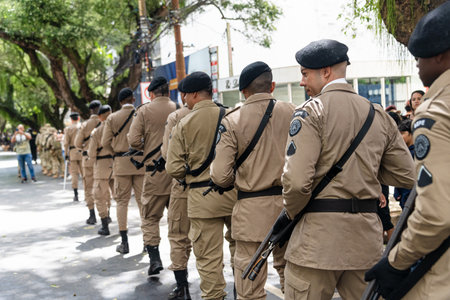 Salvador, Bahia, Brazil - September 07, 2022: Bahia Military Police soldiers march during the...