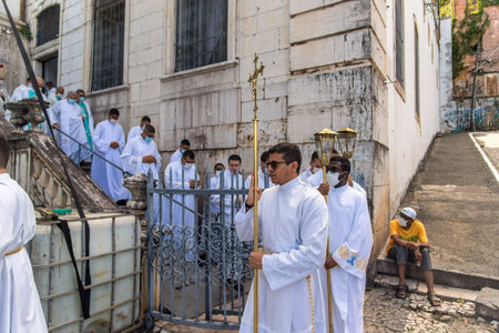 Salvador, Bahia, Brazil - December 08, 2022: Priests and seminarians descend the stairs of the...