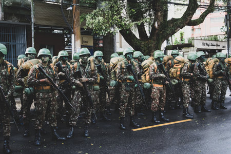 Salvador, Bahia, Brazil - September 07, 2022: Army soldiers are equipped and waiting for the start of the Brazilian independence day parade in the city of Salvador, Bahia.のeditorial素材