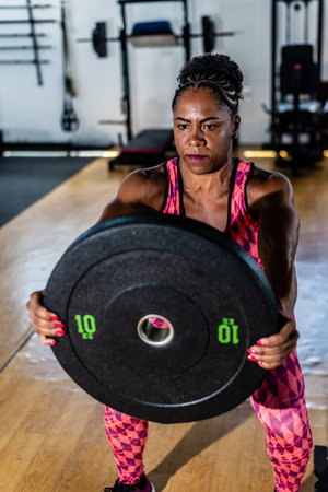 Fitness woman doing squats with barbell in crossfit gym. Health concept.の写真素材