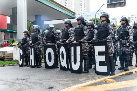Salvador, Bahia, Brazil - September 07, 2022: Shock troops from the Bahia Military Police wait for the start of the Brazilian Independence Day parade in the city of Salvador.のeditorial素材
