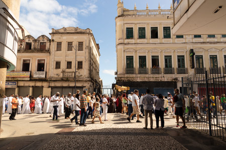 Salvador, Bahia, Brazil - June 16, 2022: Crowd of Catholic faithful are seen during a corpus christi...