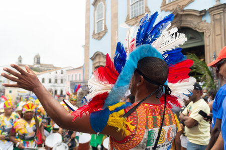 Salvador, Bahia, Brazil - July 02, 2022: Cultural group are seen during the civic parade of the independence of Bahia, in Pelourinho in Salvador.のeditorial素材