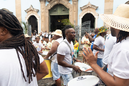 Salvador, Bahia, Brazil - July 02, 2022: Percussionist musicians are seen during the civic parade of...