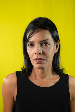 Studio portrait of professional model wearing black outfit with dark hair. Isolated on yellow background.の写真素材