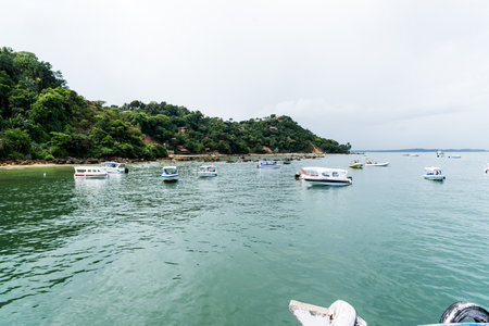 Cairu, Bahia, Brazil - January 19, 2023: View of boats in the sea from Morro de Sao Paulo in Cairu, Bahia.のeditorial素材