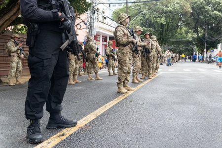 Salvador, Bahia, Brazil - September 07, 2022: Soldiers of the Bahia Military Police are seen at the Brazilian independence parade, in Salvador, Bahia.のeditorial素材