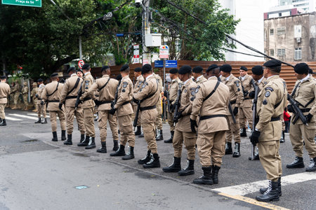 Salvador, Bahia, Brazil - September 07, 2022: Soldiers of the Bahia Military Police are seen at the Brazilian independence parade, in Salvador, Bahia.のeditorial素材