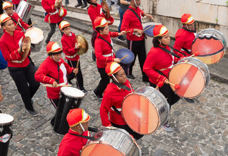 Salvador, Bahia, Brazil - July 02, 2022: School music band is seen during the Bahia Independence Day parade, at Pelourinho in Salvador.のeditorial素材