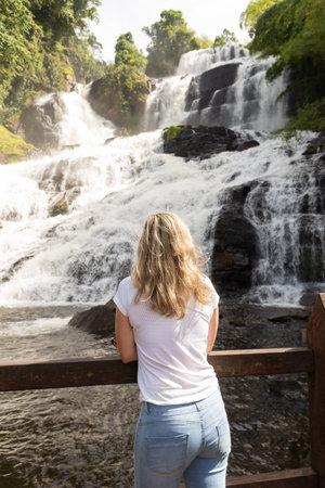 Woman with her back to the camera on a pier looking at the Pancada Grande waterfall. Environment. City of Itubera in Brazil.の写真素材