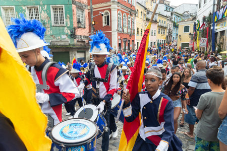 Salvador, Bahia, Brazil - July 02, 2022: Groups of public school students are seen parading during...