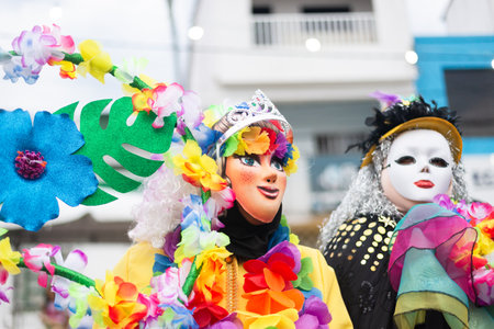 Maragogipe, Bahia, Brazil - February 20, 2023: People dressed in Venetian style are seen during Carnival, in Maragogipe, a city in Bahia, Brazil.の写真素材